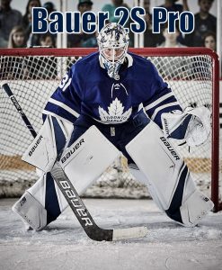 Toronto Maple Leafs goalie in ready stance wearing Bauer 2S Pro pads and gloves in full blue and white gear