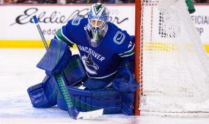 Vancouver Canucks goalie Anders Nilsson in RVH stance protecting the post in full blue Canucks equipment
