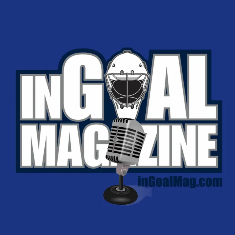 InGoal Magazine podcast logo featuring a goalie mask and vintage microphone on blue background