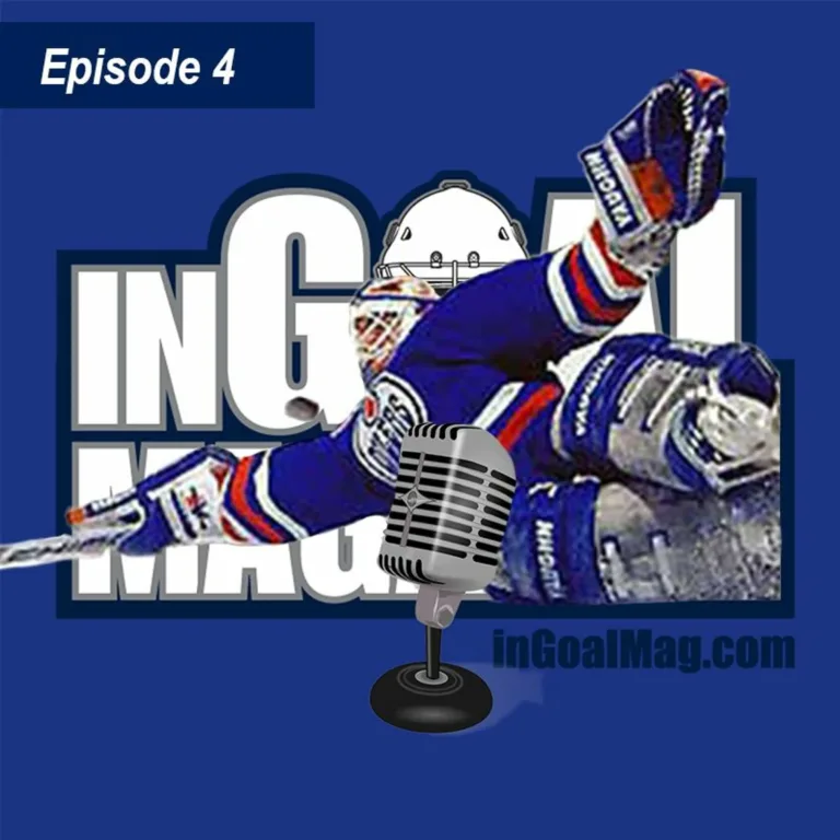 InGoal Magazine podcast Episode 4 logo featuring Henrik Lundqvist making a diving save in New York Rangers blue gear