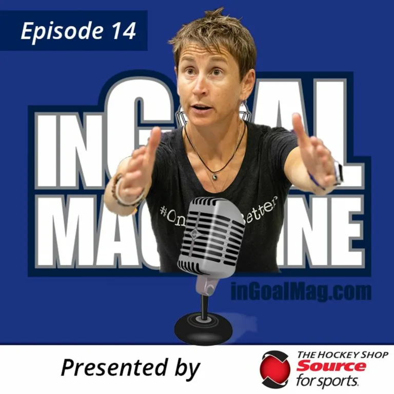 InGoal Radio Episode 14 podcast graphic featuring goalie trainer Maria Mountain gesturing with hands raised, wearing a bla...