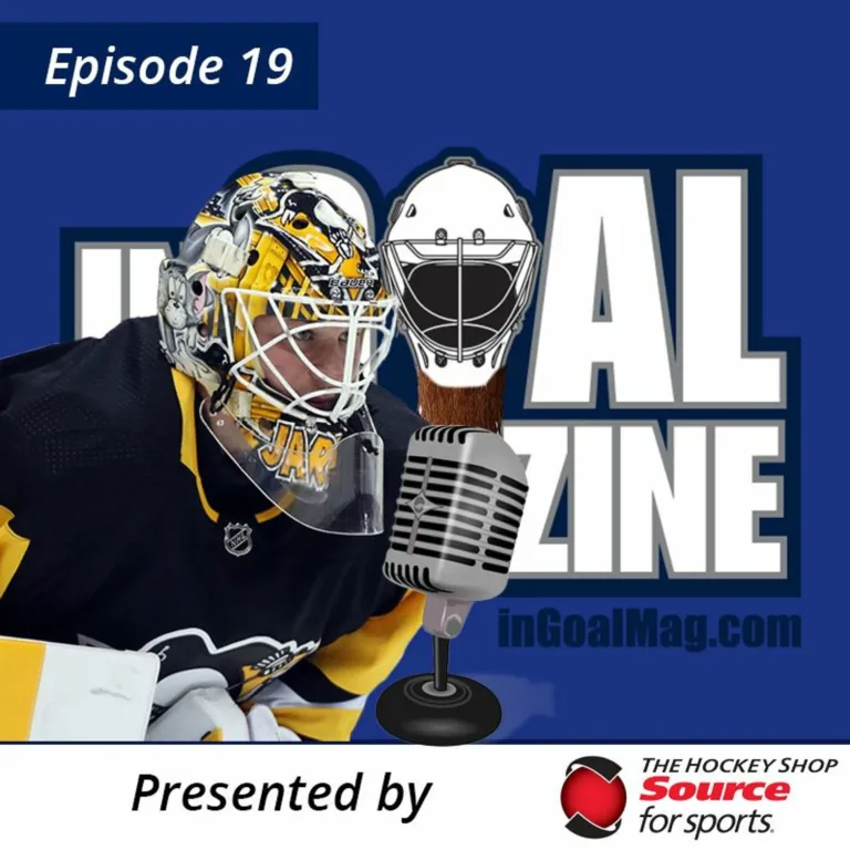 InGoal Radio Episode 19 podcast cover featuring Tristan Jarry in Pittsburgh Penguins gear and painted goalie mask with a v...