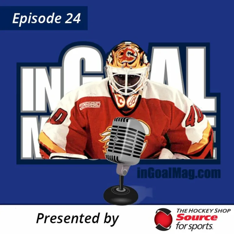 InGoal Radio Episode 24 podcast artwork featuring Calgary Flames goalie Fred Brathwaite in red jersey and mask with a micr...