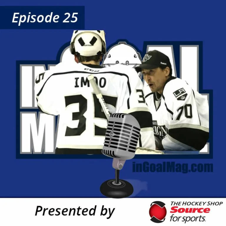 InGoal Radio Episode 25 podcast art featuring goalie Dusty Imoo (#35) in LA Kings gear discussing CCM chest and arm units