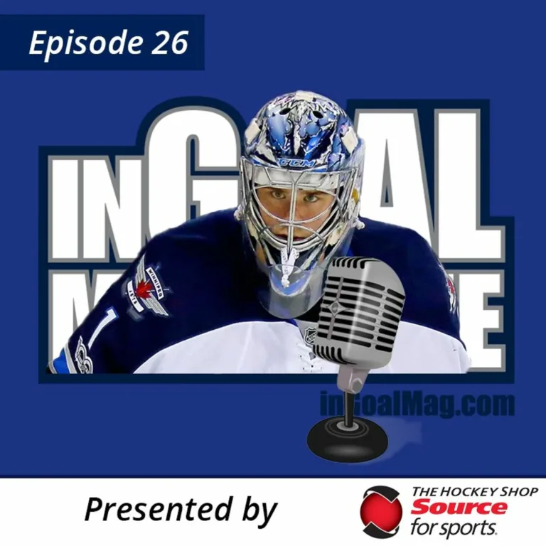 InGoal Radio Episode 26 podcast artwork featuring Winnipeg Jets goalie Eric Comrie in full mask and blue equipment