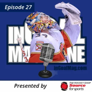 InGoal Radio Episode 27 podcast cover featuring Florida Panthers goalie James Reimer making a glove save in colorful mask ...