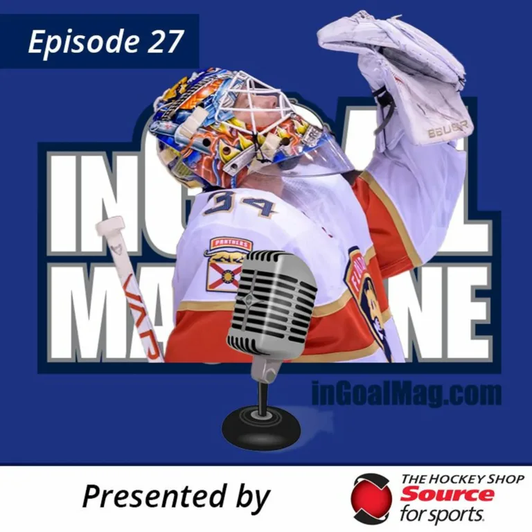 InGoal Radio Episode 27 podcast cover featuring Florida Panthers goalie James Reimer making a glove save in colorful mask ...