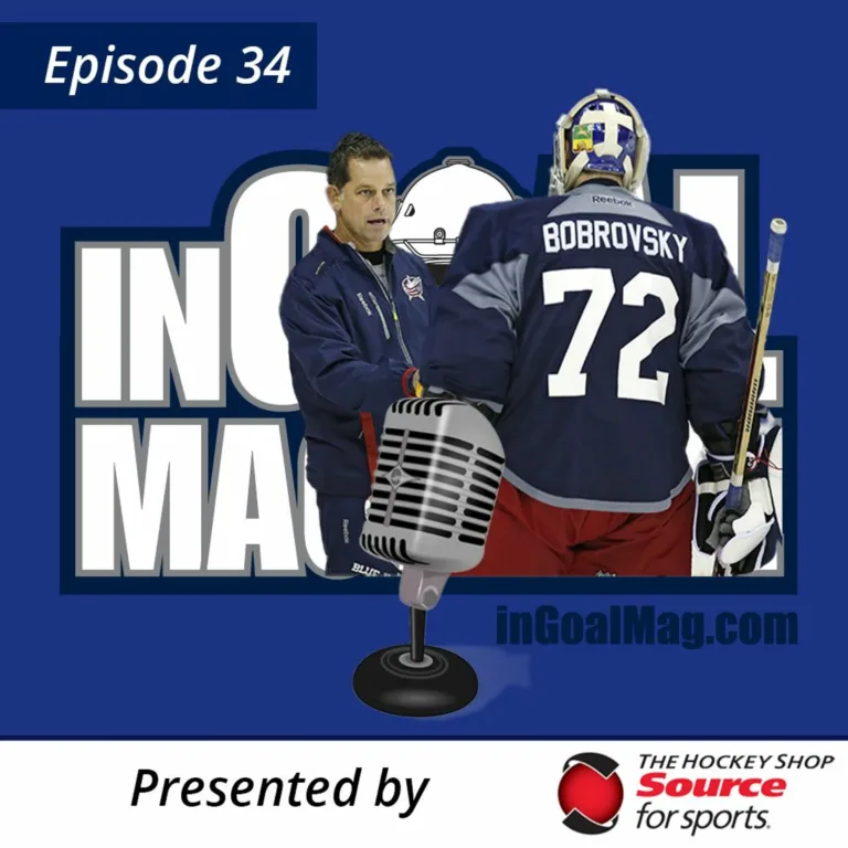 InGoal Radio Episode 34 podcast cover featuring goalie coach Ian Clark and Columbus Blue Jackets goalie Sergei Bobrovsky #72
