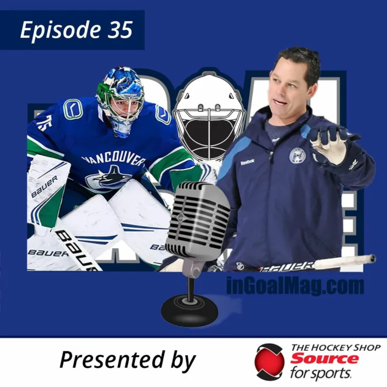InGoal Radio Episode 35 podcast cover featuring Canucks goalie Mikey DiPietro in gear and goalie coach Ian Clark with a mi...