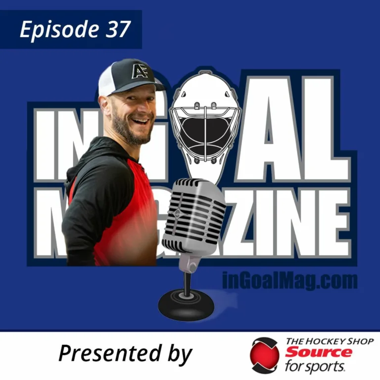 InGoal Magazine podcast Episode 37 cover featuring Adam Francilia smiling beside a microphone and goalie mask graphic