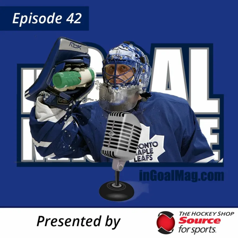 InGoal Radio Episode 42 podcast cover featuring Toronto Maple Leafs goalie Andrew Raycroft with microphone graphic