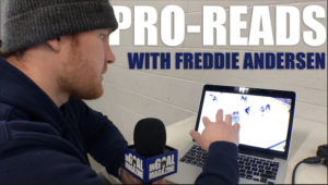 Freddie Andersen reviews goaltending video on a laptop for Toronto Maple Leafs Pro-Reads breakdown session
