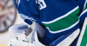Vancouver Canucks goalie Cory Schneider's blocker held close to chest, white and blue equipment visible in tight detail shot