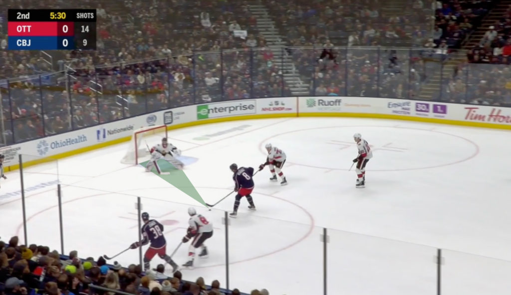Craig Anderson in white Columbus Blue Jackets gear sets up in crease as Ottawa Senators forwards rush on a 2-on-1 break