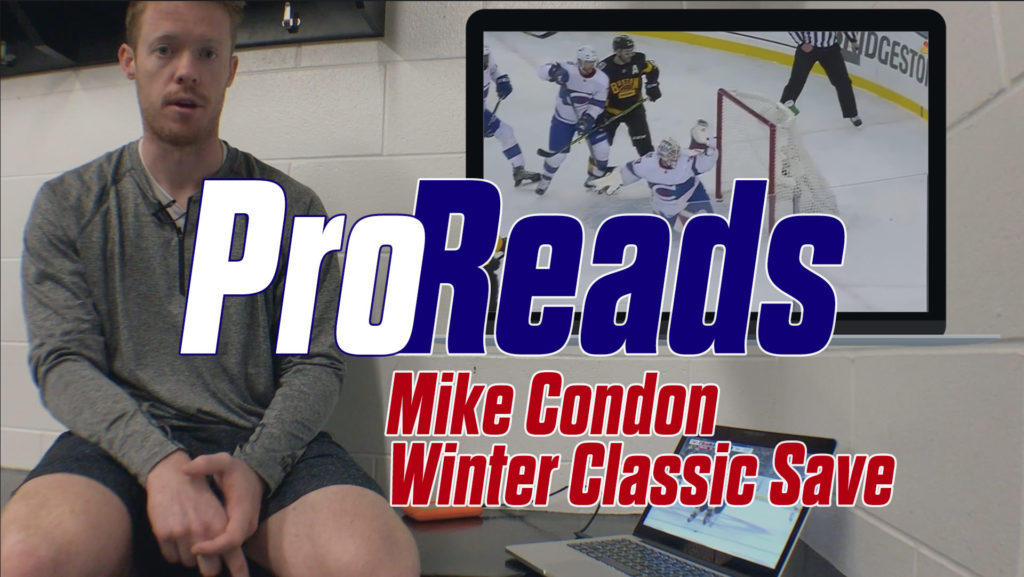 Mike Condon sits beside a monitor showing his Winter Classic save during a ProReads breakdown session