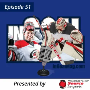 InGoal Radio Episode 51 podcast cover featuring goalies Joel Hofer and Jorge Alves in Team Canada gear with retro micropho...