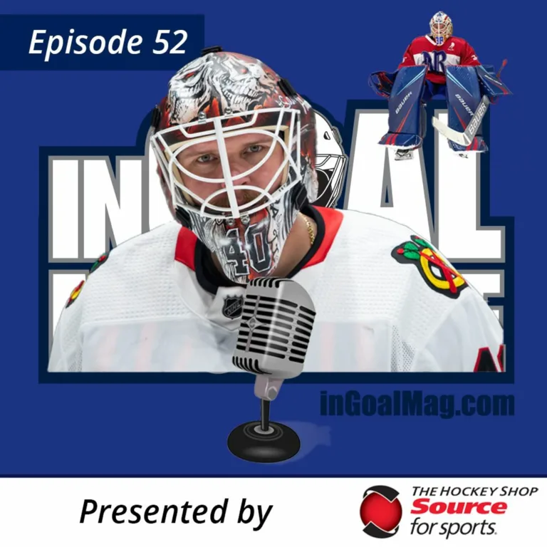 InGoal Radio Episode 52 featuring Robin Lehner in Chicago Blackhawks white jersey and painted goalie mask with microphone ...