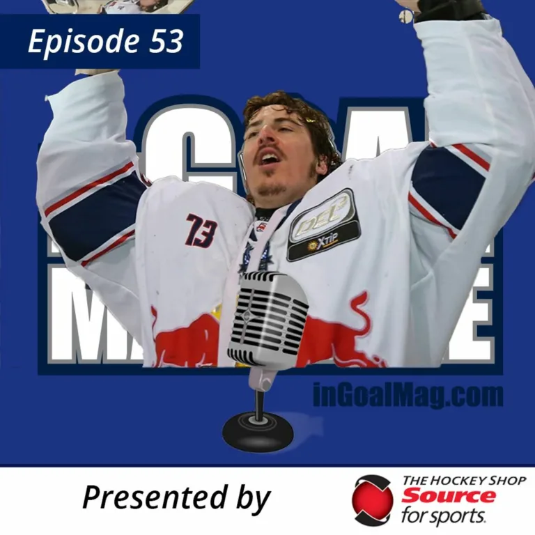 InGoal Radio Episode 53 podcast cover featuring goalie David Leggio #73 celebrating in white jersey with arms raised