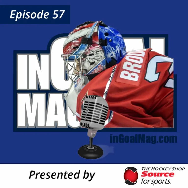 InGoal Radio Episode 57 featuring goalie Jeremy Brodeur in red jersey and patriotic-themed red, white, blue mask