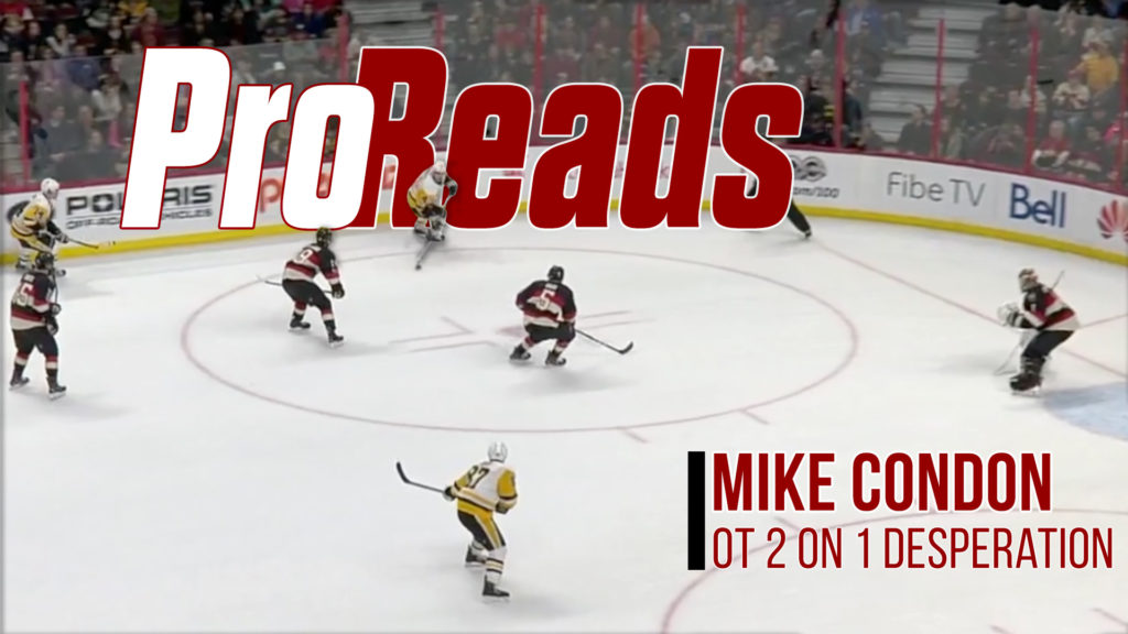 Mike Condon faces a 2-on-1 rush in overtime, set in his crease as two attackers approach during an NHL game