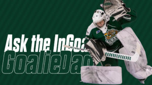 Hockey goalie Joey making a save in green and white Warrior gear for Ask the InGoal Goalie Dad series