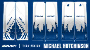 Michael Hutchinson Bauer True Design goalie pads concept art featuring Toronto Maple Leafs blue and white Potvin tribute d...