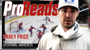 Carey Price in casual attire beside ProReads graphic showing Montreal Canadiens game action situational awareness drill