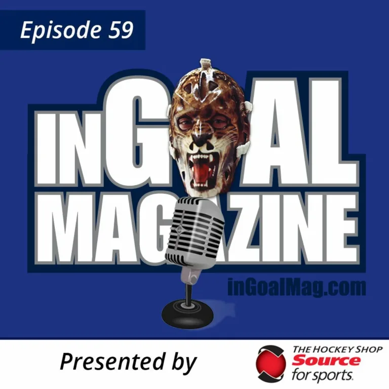 InGoal Magazine podcast Episode 59 logo featuring a goalie mask on a microphone, presented by The Hockey Shop Source for S...