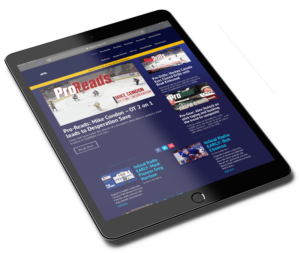 InGoal Magazine website displayed on a tablet showing Pro Reads goaltending articles and featured content