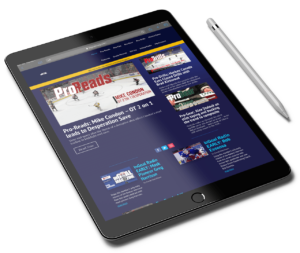 InGoal Magazine website displayed on an iPad tablet with Apple Pencil, showing goaltending articles and pro reads content