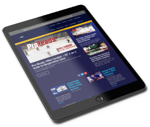 iPad displaying InGoal Magazine website with goaltending articles and ProReads section on screen
