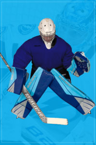 Hockey goalie in butterfly stance modeling Bauer UltraSonic pads in blue and white colorway with matching blocker and glove