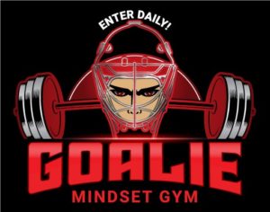 Goalie Mindset Gym logo featuring a hockey goalie mask with barbell, bold red text reading GOALIE MINDSET GYM