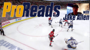 Jake Allen ProReads tutorial screenshot showing Blues goalie tracking play through traffic in an NHL game