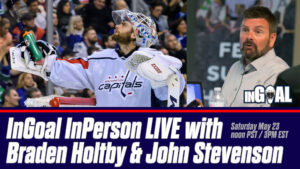 Capitals goalie Braden Holtby tracks a puck in his crease alongside a promotional graphic for an InGoal InPerson seminar.