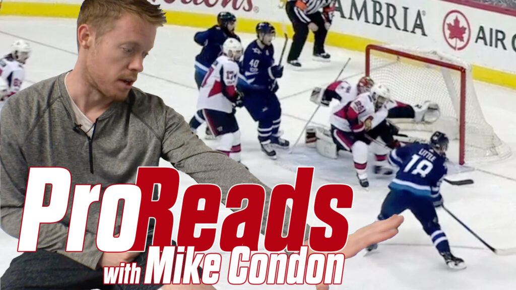 Pro Reads with Mike Condon graphic showing Condon seated beside NHL game footage of a goalie making a backdoor save