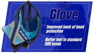CCM goalie glove with blue and grey colorway featuring improved back of hand protection and 590 break design