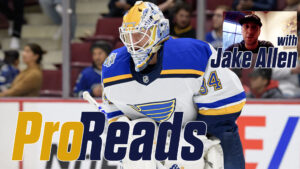 Jake Allen in St. Louis Blues gear crouched in ready position during a Pro Reads feature with InGoal Magazine