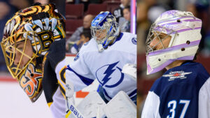 Three NHL goalies in masks: Bruins goalie, Lightning goalie, and Jets #37 in close-up portrait shots, Vezina Trophy candid...