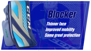 CCM goalie blocker featuring thinner face and improved mobility design, shown in blue and gray colorway