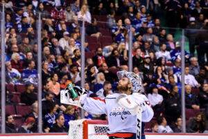 Washington Capitals goalie Braden Holtby looks skyward during a stoppage at Rogers Arena in Vancouver, 2018.