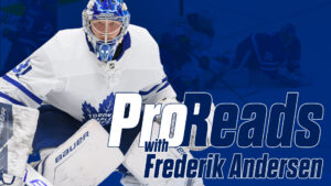 Frederik Andersen Toronto Maple Leafs goalie in white Bauer gear for ProReads series graphic