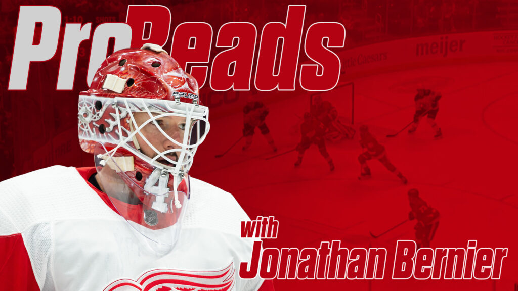 Jonathan Bernier in Detroit Red Wings gear for InGoal Magazine's Pro Reads series graphic