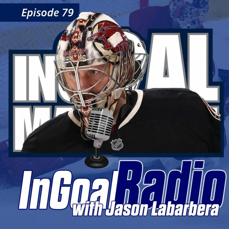 InGoal Radio Episode 79 podcast cover featuring NHL goalie Jason LaBarbera in full mask and gear with a microphone graphic