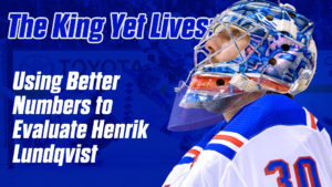 Henrik Lundqvist in white New York Rangers jersey and decorated goalie mask, profile view, number 30