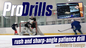 Roberto Luongo demonstrating rush and sharp-angle patience drill on ice in ProDrills training video