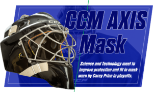 CCM Axis goalie mask worn by Carey Price, featuring cat-eye cage and multicolor backplate straps