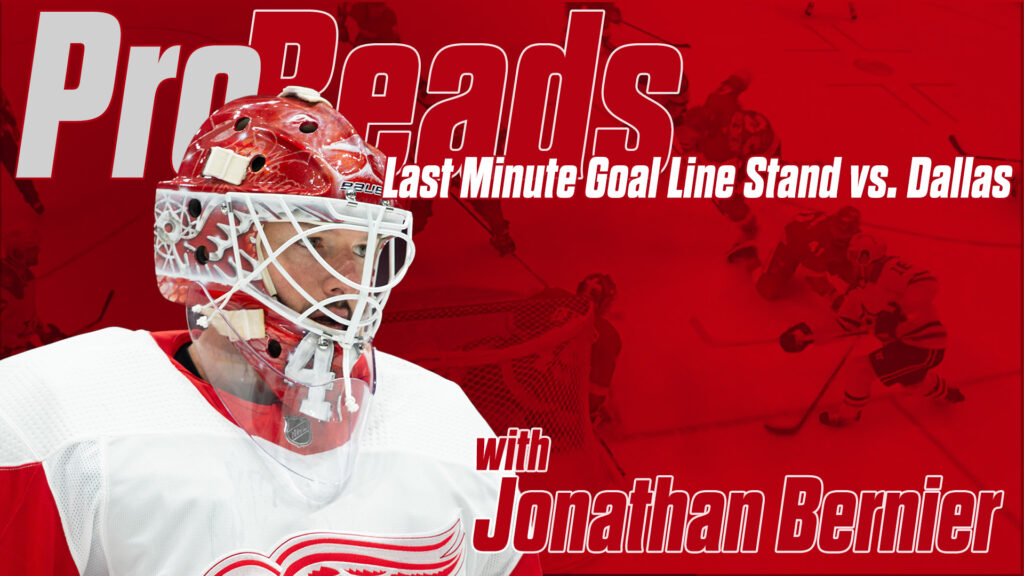 Jonathan Bernier in Detroit Red Wings gear poses for ProReads episode on depth management and a goal line stand vs. Dallas