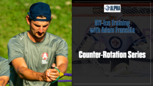 Goalie Connor Hellebuyck trains off-ice with resistance bands in Adam Francilia's counter-rotation series drill