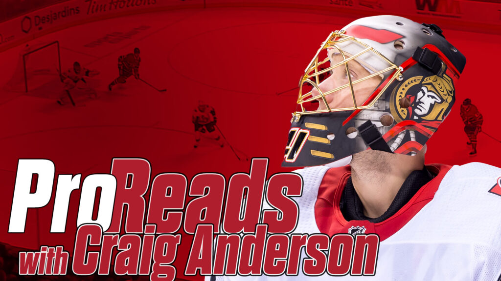 Craig Anderson in Ottawa Senators red gear looks upward wearing his decorated mask in a Pro Reads feature graphic